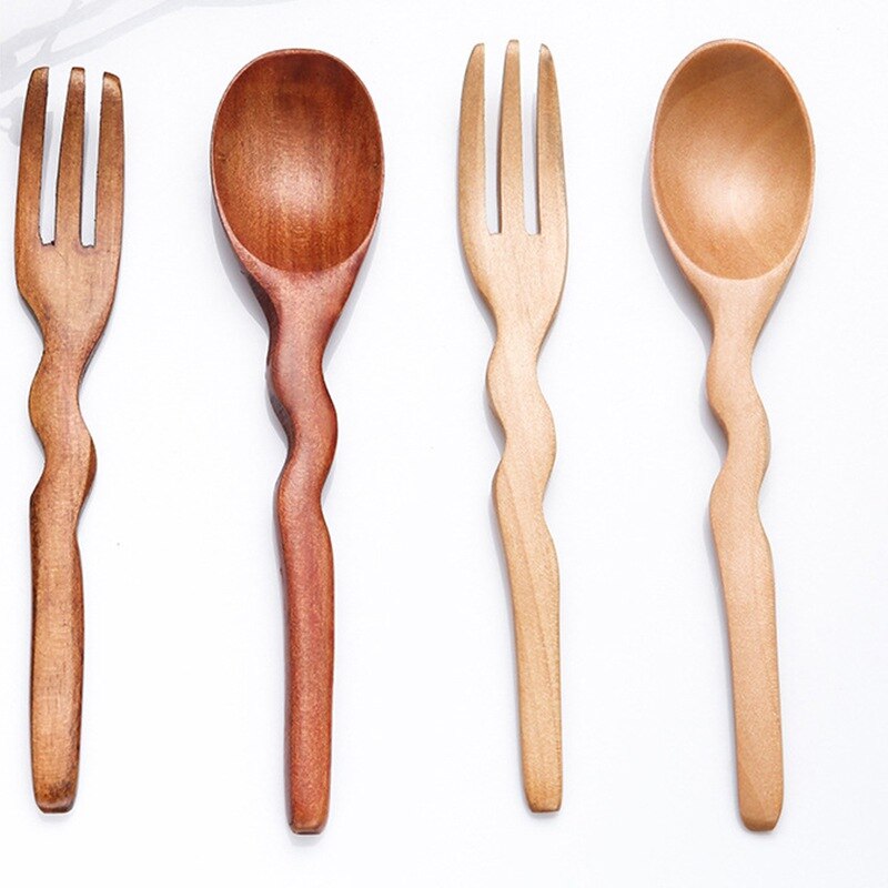 Natural Wood Spoon Fork Kitchen Cooking Dining Soup Tea Honey Coffee Utensil Tools Soup-Teaspoon Tableware