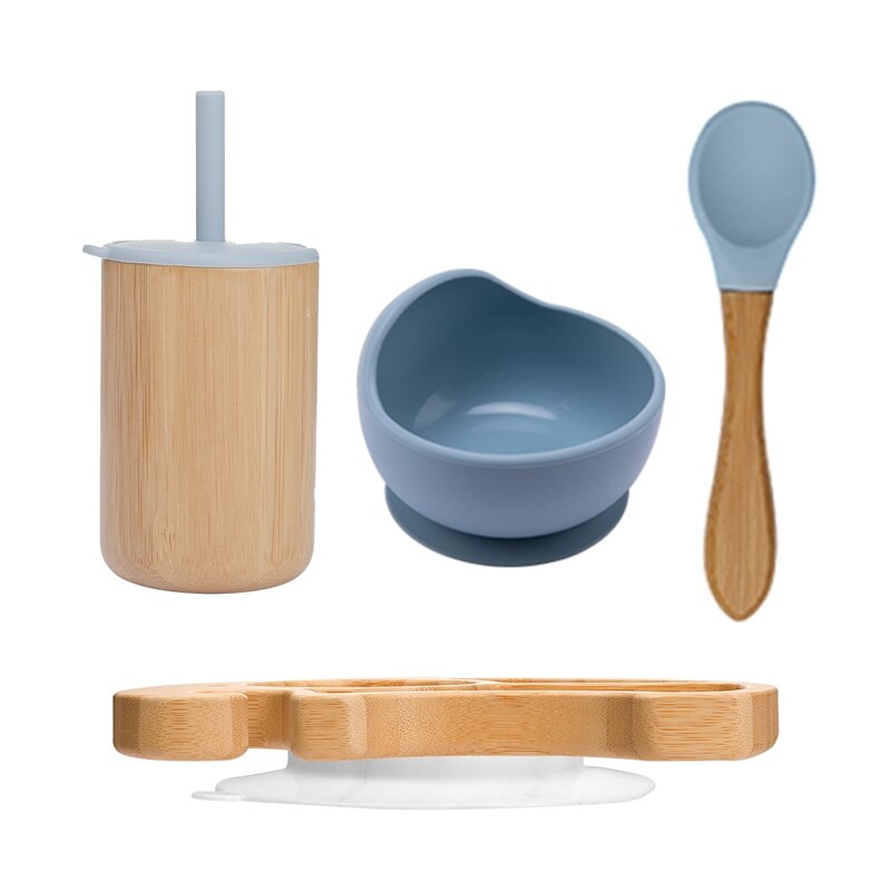 Vaisselle en bois de bambou, accessoires d&#39;alimentation pour bébé, assiette à dîner animaux de dessin animé éléphant avec ventouse, d&#39;anniversaire pour bébé 1 ensemble: powder blue no box