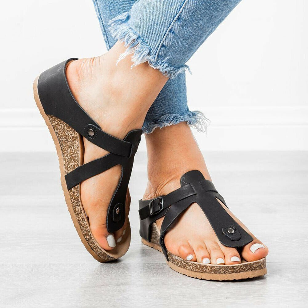 Women Summer T-Strap Cork Sandals Soft Footbed Sandals Shoes Women Slippers Flat Sole Casual Soft Big Toe Foot Sandal
