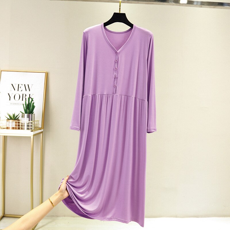 Large early autumn long sleeve button modal cotton loose home dress: Purple