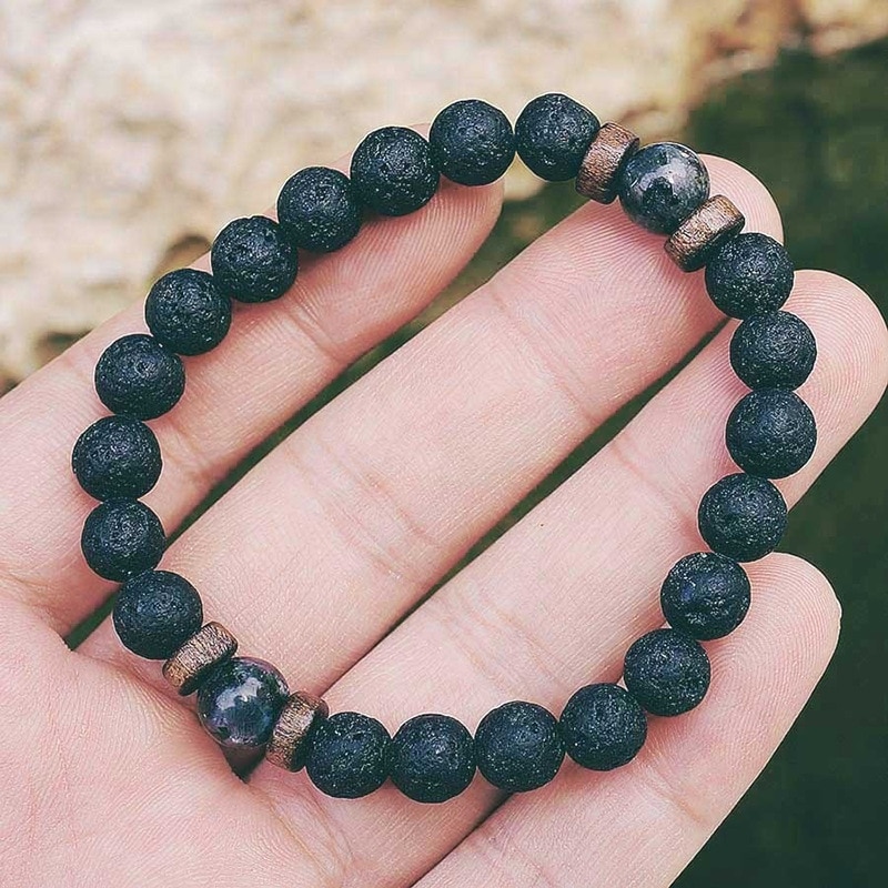 Pulsera de piedra volcánica para hombre, brazalete con cuentas negras, cuerda elástica, , joyería