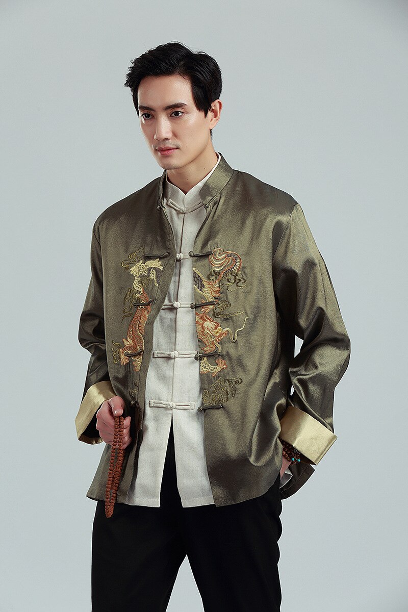 Chaqueta de dragón bordada de estilo chino tradicional para hombre, Hanfu, blusa, traje Tang, camisas de kungfú, Tops, chaqueta: green / XL