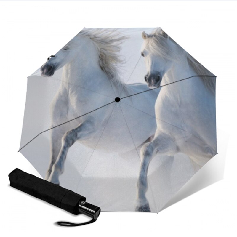 Anti uv drie opvouwbare witte paardenpatroon paraplu dieren schilderij pongee zonnige en regenachtige paraplu's mannen en vrouwen kunstparasol: Ysa 1499