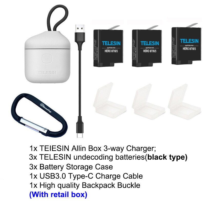 Decodificador TELESIN de batería de li para Gopro 8 7 6 5 y 3 en 1, caja de almacenamiento, cargador, lector de tarjetas para cámara go pro hero 8 5 6 7 hero8