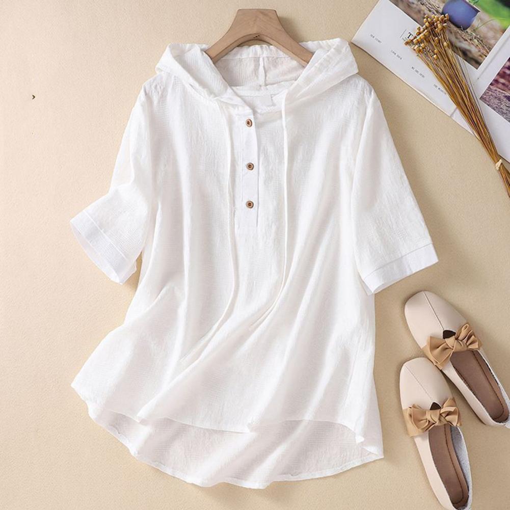 Dames T-Shirt Vintage Halve Mouw Capuchon Dames Geborduurde Loszittende Blouse Met Trekkoord Dun