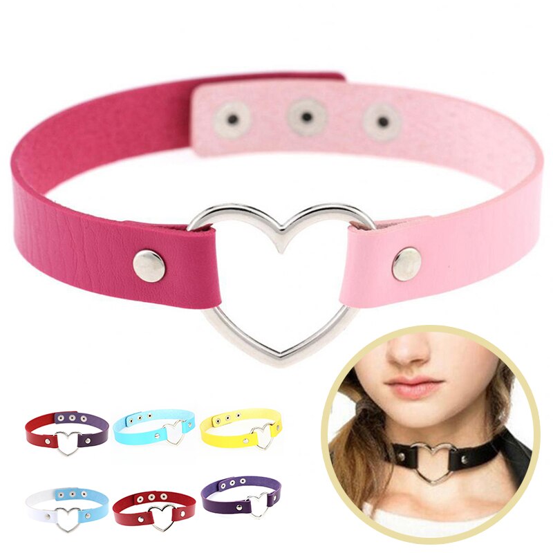 Punk Collar PU Leather Necklace Heart-shaped Alloy Clavicle Chain Choker Neck Chain Leash Collar Jewelry Accessories