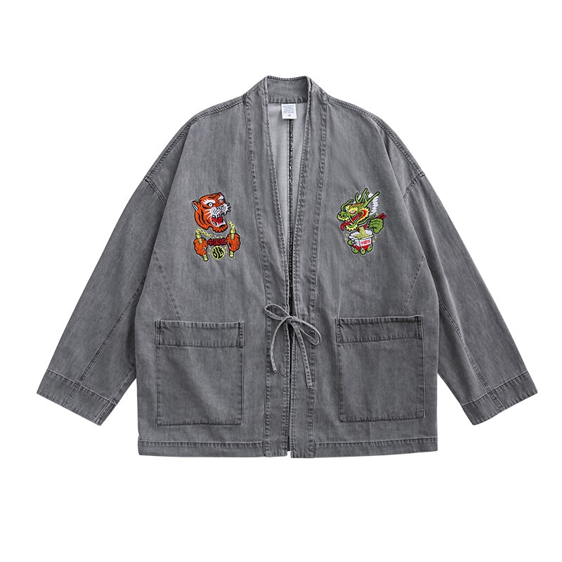 SDDAWATER Harajuku Denim Jacket Coat Men Japanese Streetwear Tiger Dragon Embroidery Hip Hop Washed Jeans Jacket Men 2516W: black / L