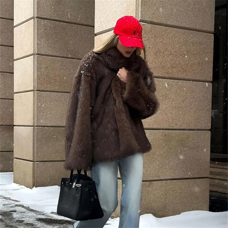 Vrouwen namaakbontjassen met lange mouwen, streetwear vest, jassen, kraagvorm, elegante dikke warme losse jas, effen herfst winter