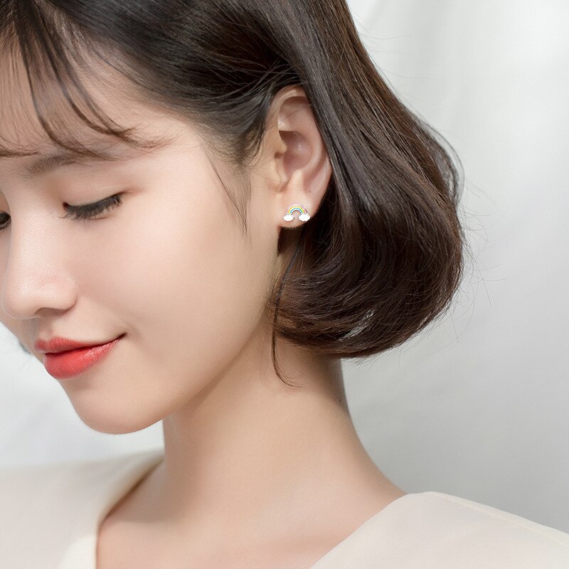 Plata de Ley 925 100% auténtica sonrisa asimétrica nube Arco Iris bebé pendientes amigo chica mujer joyas