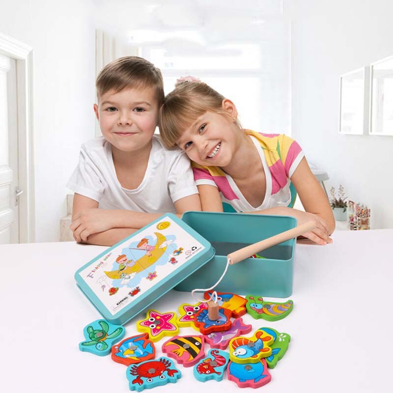 15Pcs Baby Toy Fish Wooden Magnetic Children Fishing Game Educational Toy Water Play Baby Fishing Rods Toy Set Iron Box