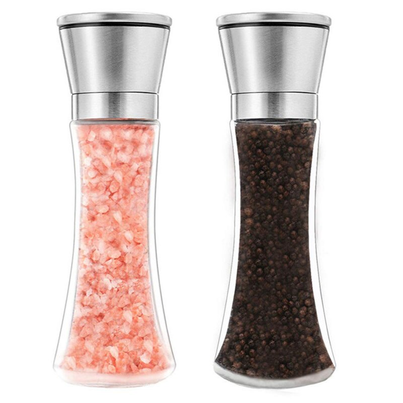Roestvrij Staal/Glas Handleiding Rotatie Peper Molen Multifunctionele Kruidkruik Zout En Peper Shakers Keuken Kruiden Gereedschap: high-2Pcs
