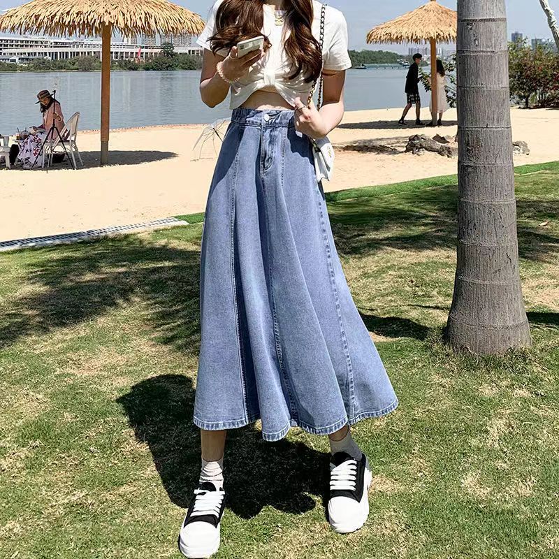 Lucyever koreansk stil højtaljede lange nederdele til kvinder sommer tynd a-linje denim nederdel kvinder all-match midi nederdele