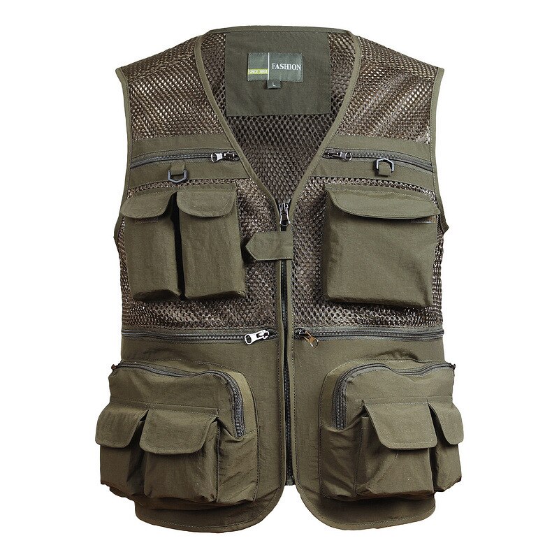 Multi-poches gilet de pêche Ultra léger sans manches mâle photographie pêche tourisme dérive gilets séchage rapide respirant Mest gilet: vert militaire / 2XL