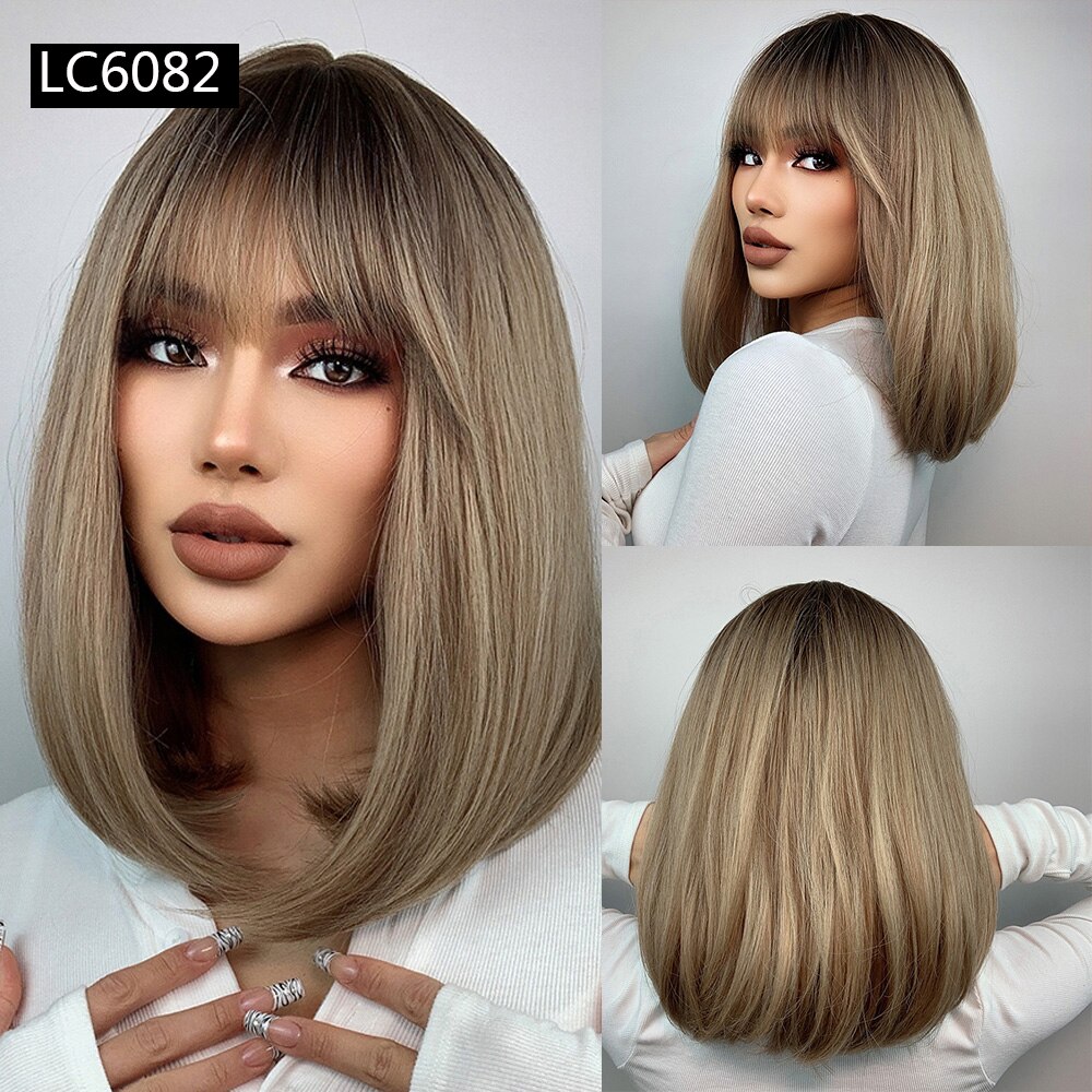 Element Synthetic Short Straight Bob Wigs for White/Black Women Ombre Brown Blonde Cosplay Party or Daily Wigs with Bangs: lc6082