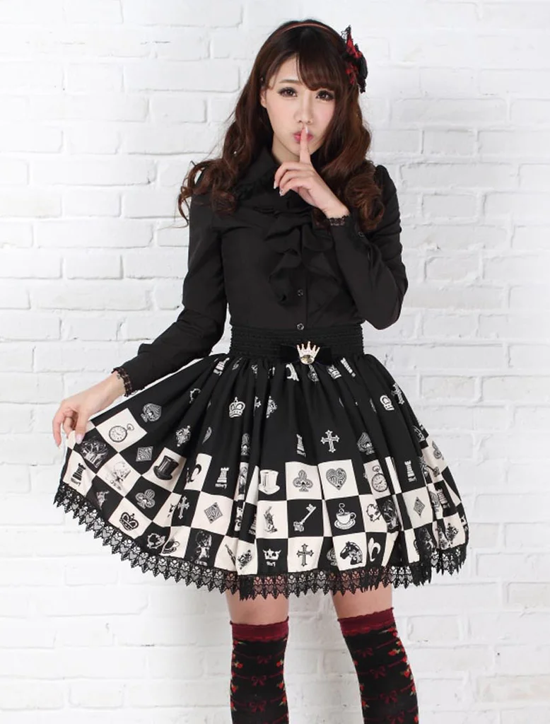 Gotisk elastisk talje skater nederdel sød ternet/ternet kawaii sort blonde korte lolita nederdele