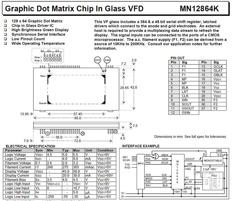 VFD display noritake-itron dot matrix VFD screen MN12864K