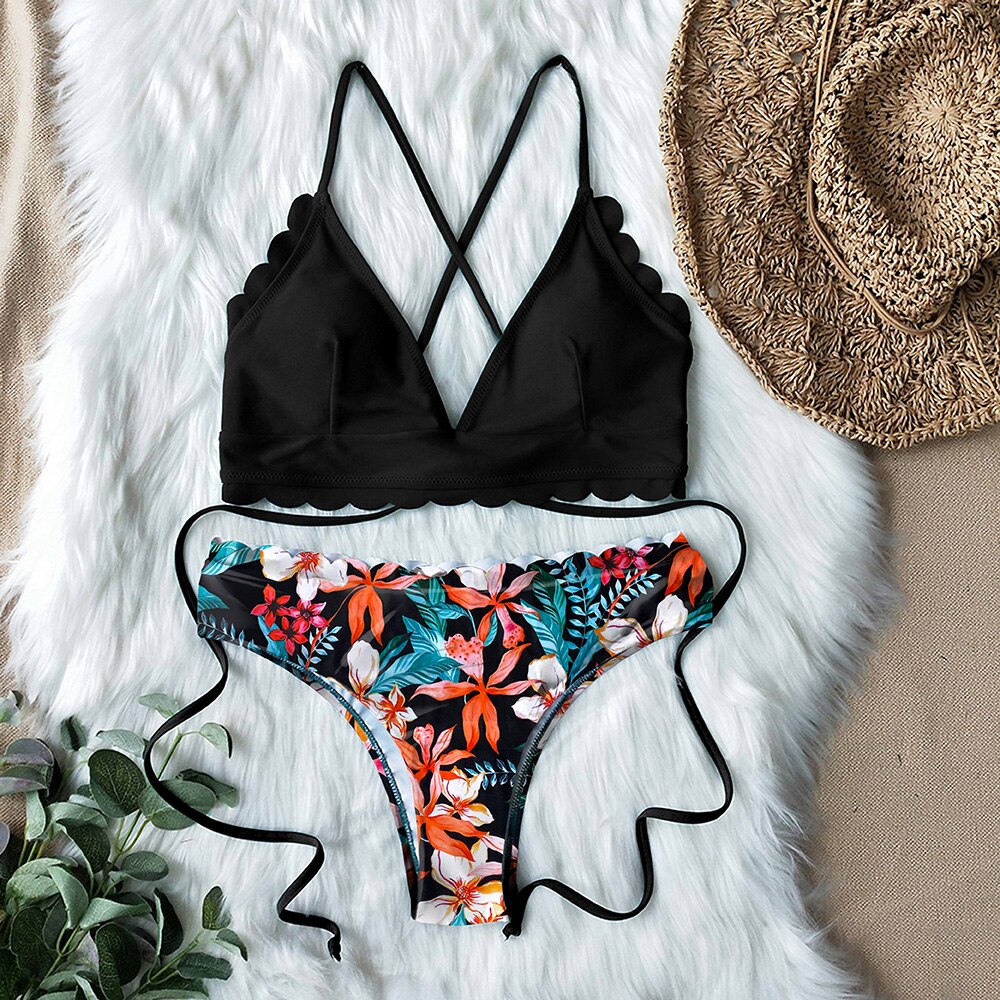 Bikini sæt flosset kant trykt bund sexet snøre badedragt to stykker badetøj kvinder strand wear badedragt biquini