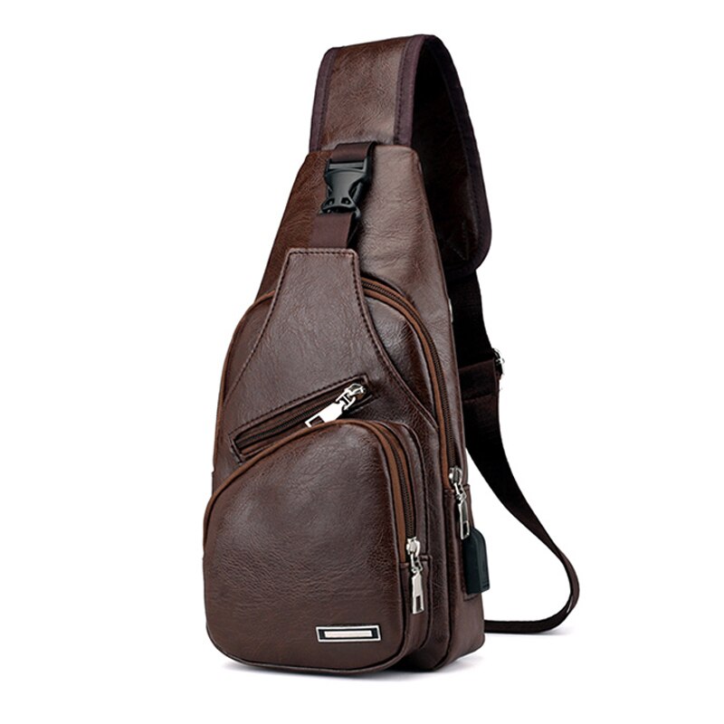 Mænd sport bryst taske vintage pu lynlås åben crossbody taske med øretelefon huller: Brun