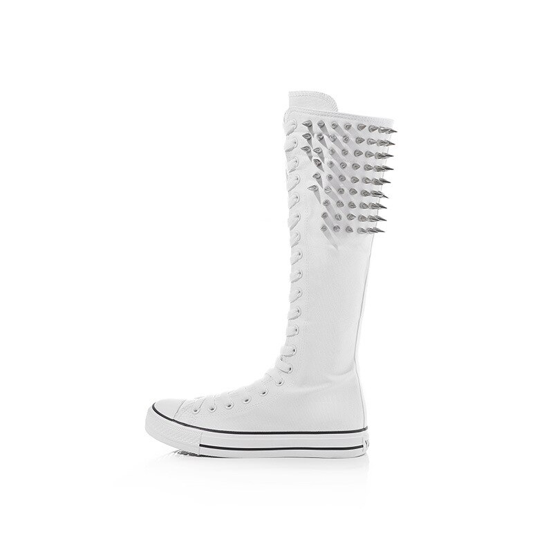 Ryamag-Botas planas de lona con remaches para mujer, calzado con cordones y cremallera, vulcanizado, Botas Largas, Punk,: Blanco / 41