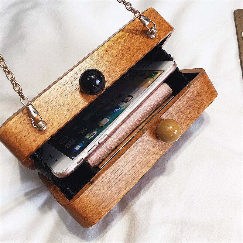 Bolso de mano de Vintage para mujer, de madera de estilo Simple, Mini bolso de noche con cadena, bolso de hombro femenino, Bolsa con solapa