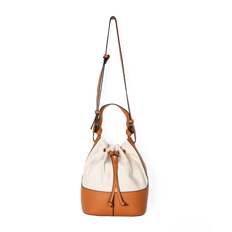 Ins Eenvoudige Kleuraanpassing Emmer Zak Netto Rood Lint Canvas Tas Schouder Messenger Handtas: brown