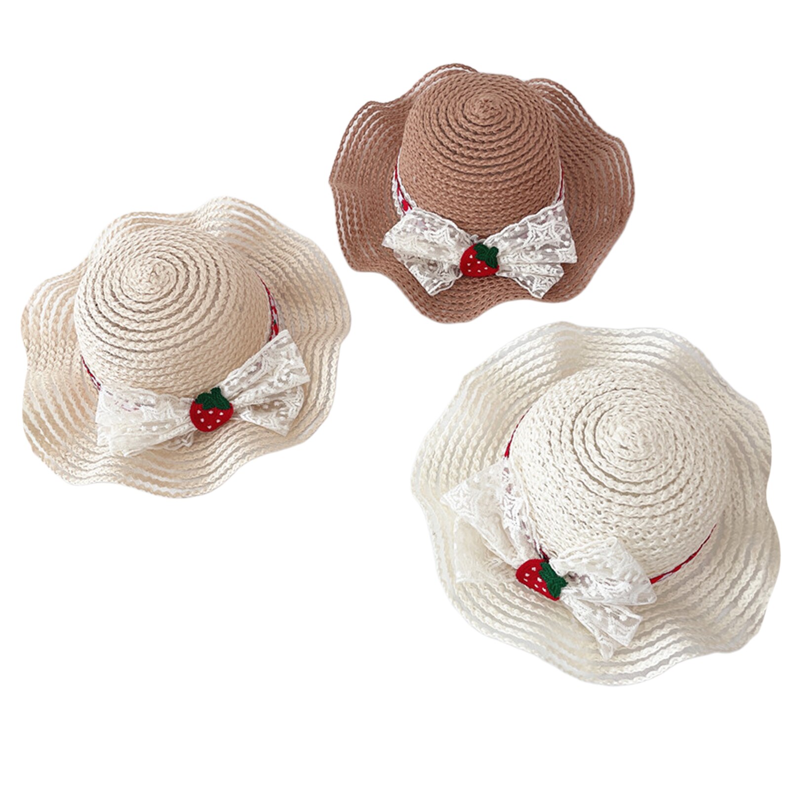 Kids Girls Boater Straw Hat Outdoor Wide Brim Seaside Summer Beach Flat Top Sun Caps Strawberry Bowknot Panama Straw Cap