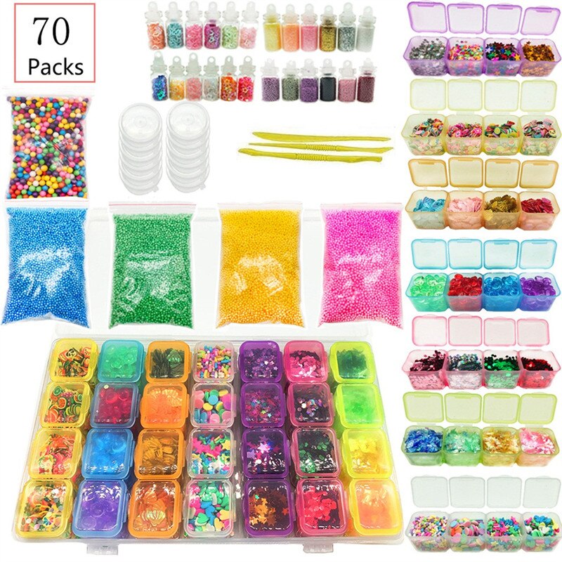 70 pc DIY Schleim Kit Liefert Klare Kristall Schleim, Der Kit Schaum Perlen Glitter schleim zusatzstoffe + Lagerung box #4N07: A