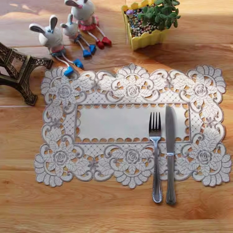 Tapete de mesa rectangular hueco bordado de tela moderno, posavasos, juego de té, cesta de flores, decoración de bar para de boda