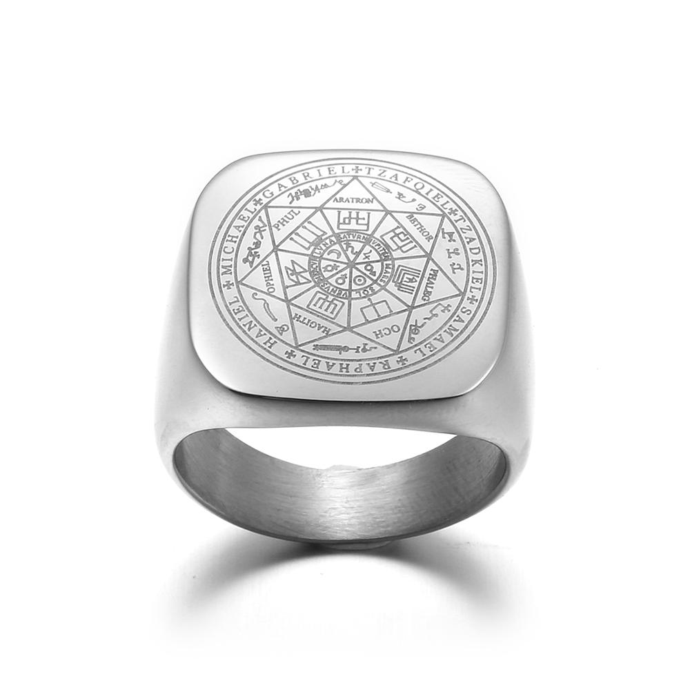Solomon ringe til mænd sølvfarve magiske runer rustfrit stål signetringe hedenske amulet mandlige smykker