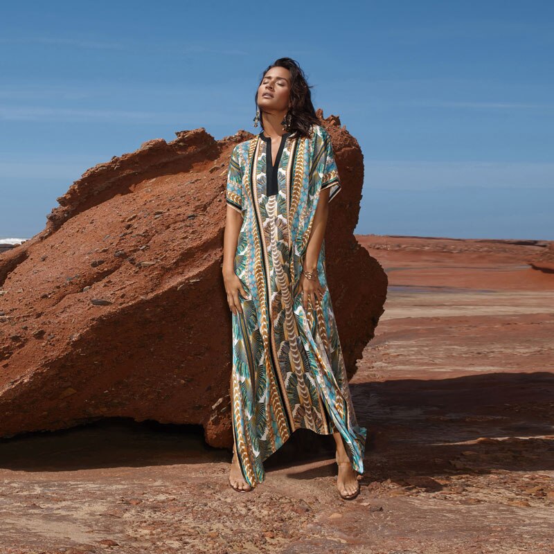 2022 Quick-drying Cover-up Bohemian Printed Summer Dress Cotton Tunic Women Plus Size Beach Wear Swim Suit Cover Up Kaftan Q1047