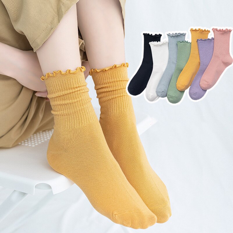 Calcetines con volantes de princesa para mujer, calcetín, colores sólidos, para la universidad, dulces, 5 pares