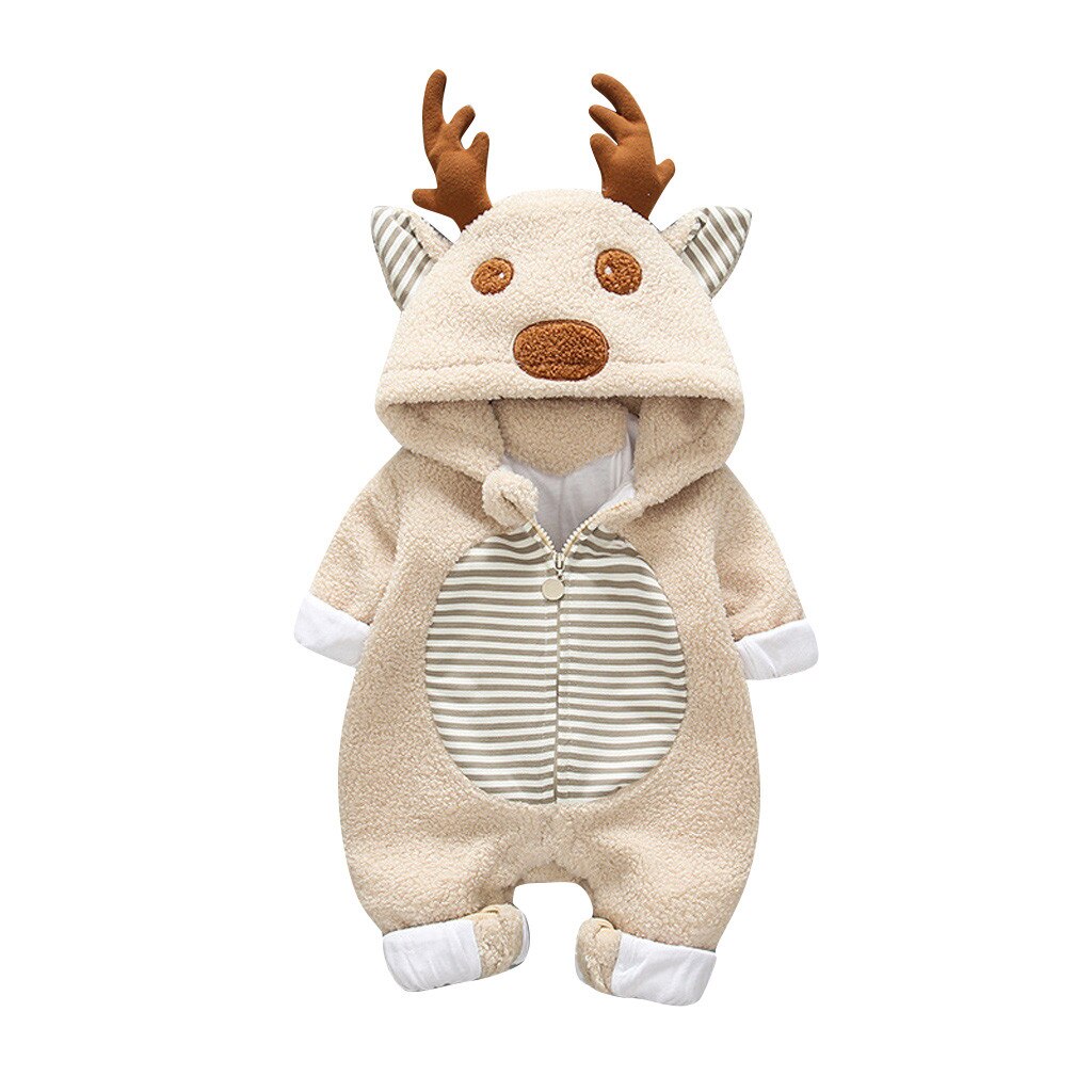 Winter Baby Kleding Kerst Cartoon 3D Herten Baby Romper Overall Pasgeboren Jongen Meisje Fleece Warm Jumpsuit Xmas Kostuum: Khaki / 12m