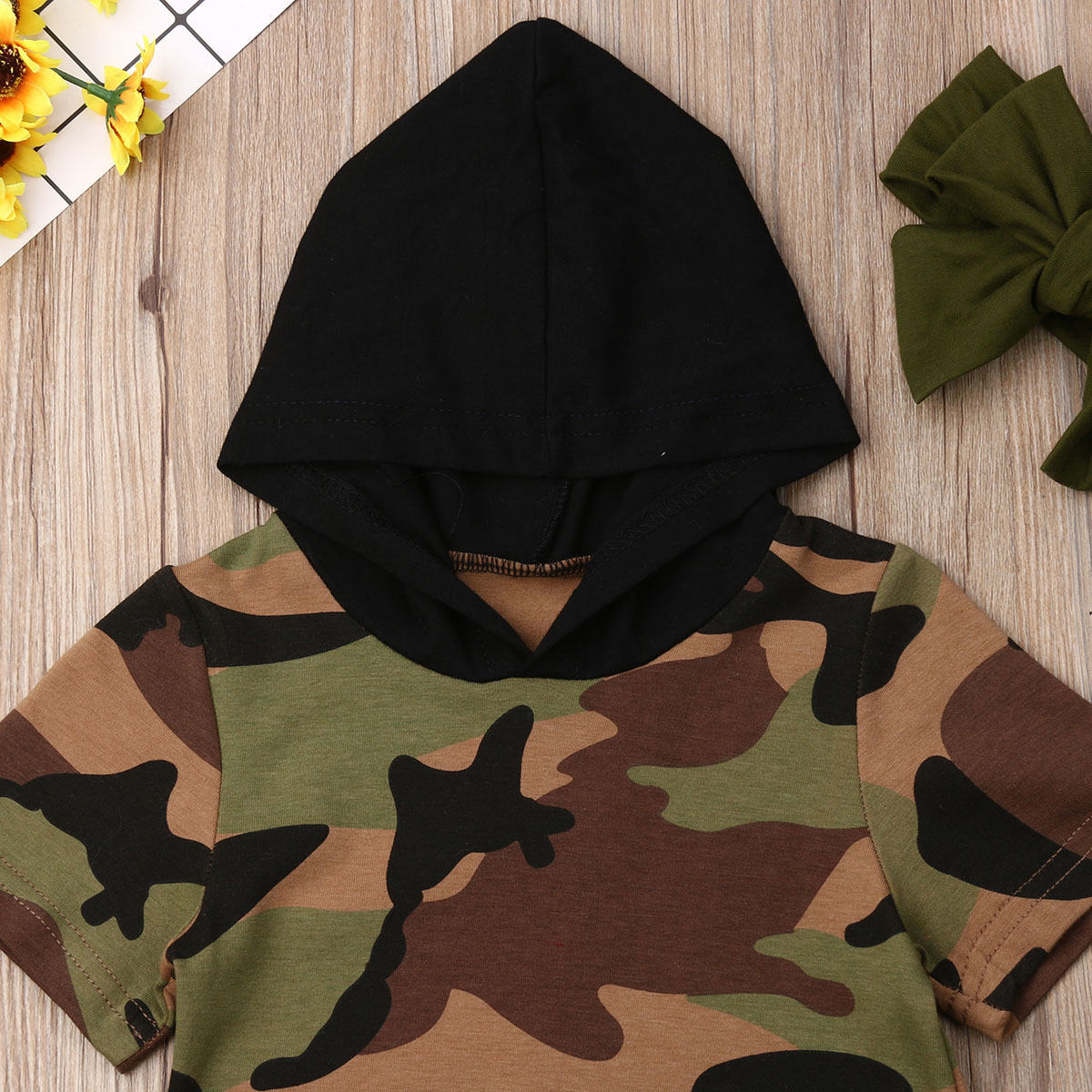 Kids Baby Girl Clothes Camouflage Hooded Short Sleeve Romper Jumpsuit Overall Outfit Set