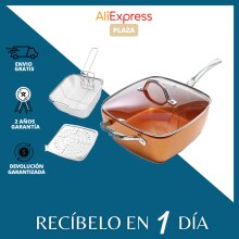 Max Star Sarten Antiadherente de Cobre Cuadrada con Tapa de Cristal y Accesorios Incluidos Cesta para Freír, Rejilla de Vapor Artículos de Cocina Cacerola Aptas para Induccion, Gas, Electrica, Vitroceramica y Horno