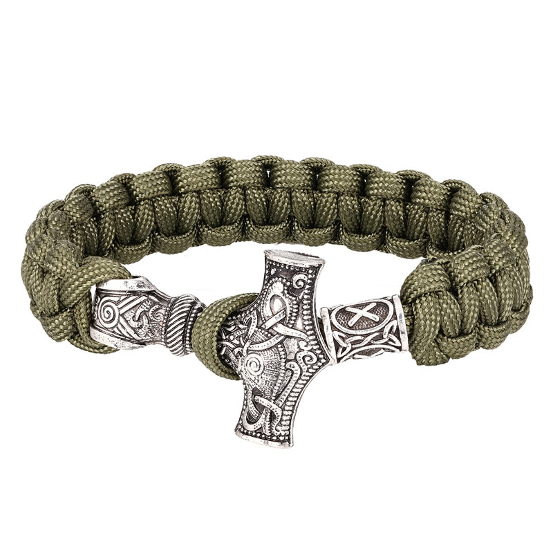 Mkendn pulseira de cordas viking, pulseira de sobrevivência de cordão de metal artesanal, thor mjolnir, cordão de paracord