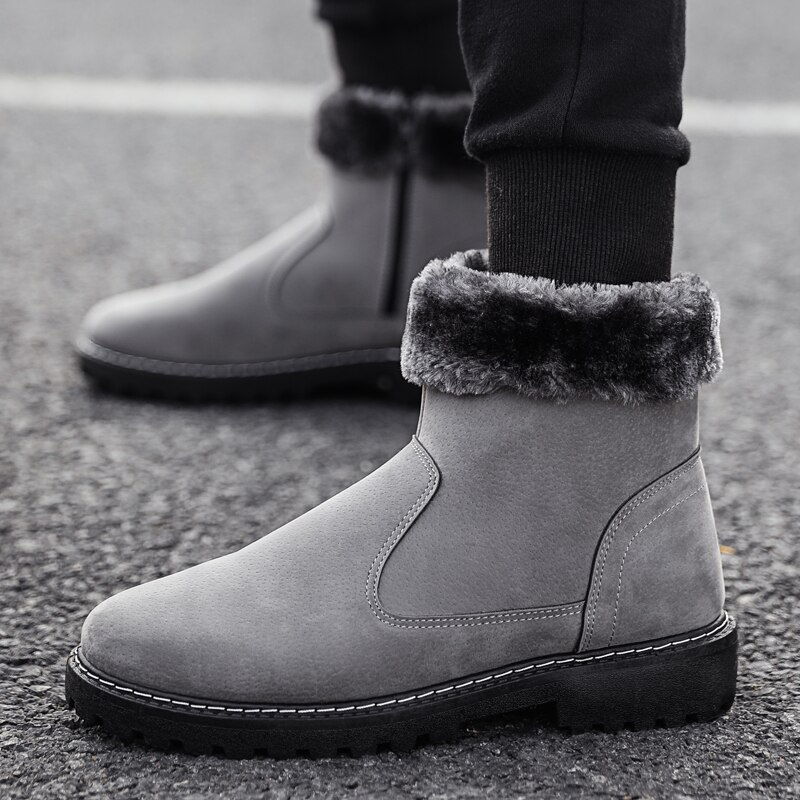 Klassieke Mode Mannen Enkel Echt Leer Snowboots Shearling Wol Bont Gevoerde Winter Laarzen Houden Warme Schoenen Waterdicht Grijs