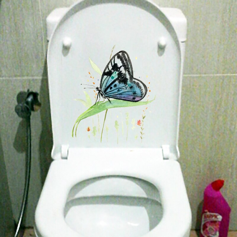 Yoja 19.7 x 23.2cm dejlig tegneserie toilet d sommerfugl blomst akvarel sjovt hjem wallstickers vægmaleri  t1-1564