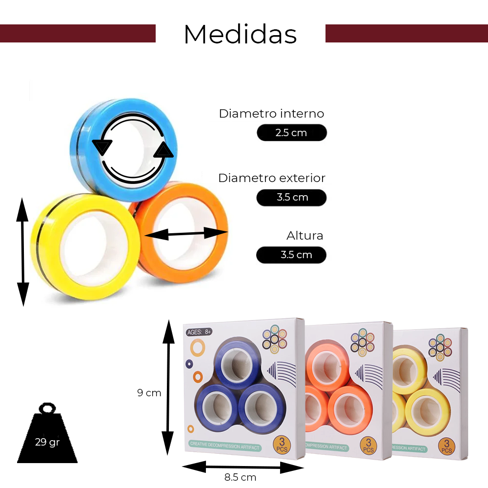 Juguetes de Anillos Magnéticos (6 Unidades). Aros Giratorios con Imán para Aliviar el Estrés, TDAH. Apto para Niños y Adultos.