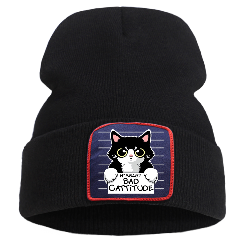 Bonnet en tricot pour femme et garçon, imprimé de dessin animé de chat, pour l&#39;extérieur, décontracté, , à la , Punk, automne: Black