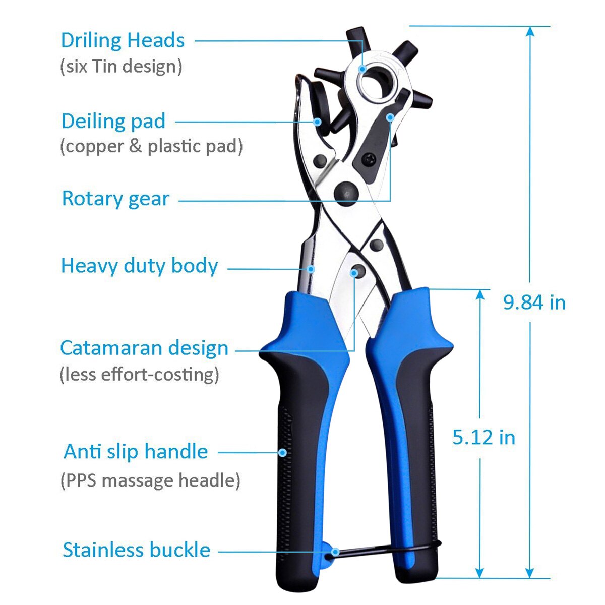 Leather Hole Puncher Hole Punch Tool with 6 Holes Belt Hole Punch Pliers Measuring Ruler Screwdriver Removal Awl Hole Puncher