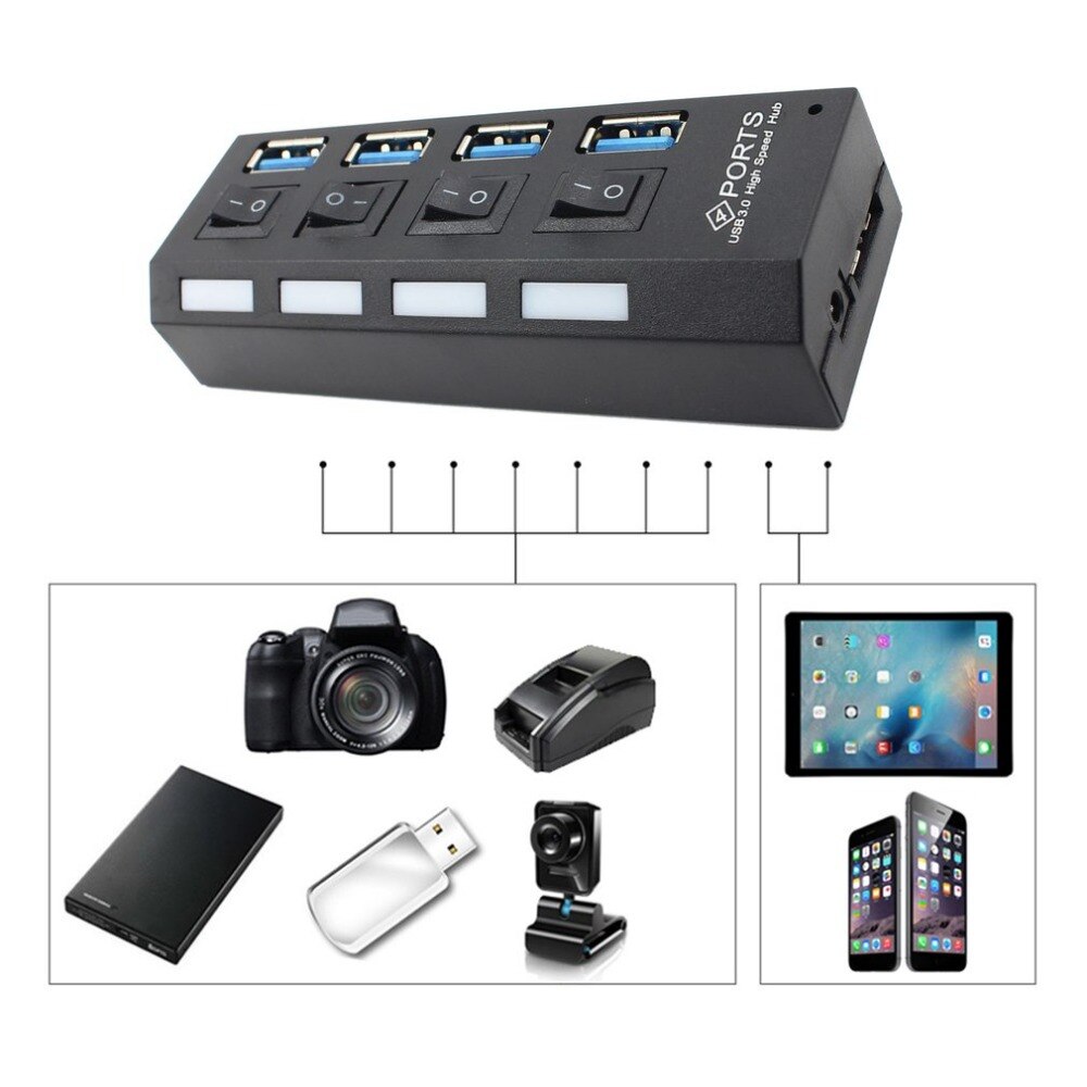 Newest USB 3.0 High Speed Hub with Separate Four Ports Compact Lightweight Power Adapter Hub with Power Supply