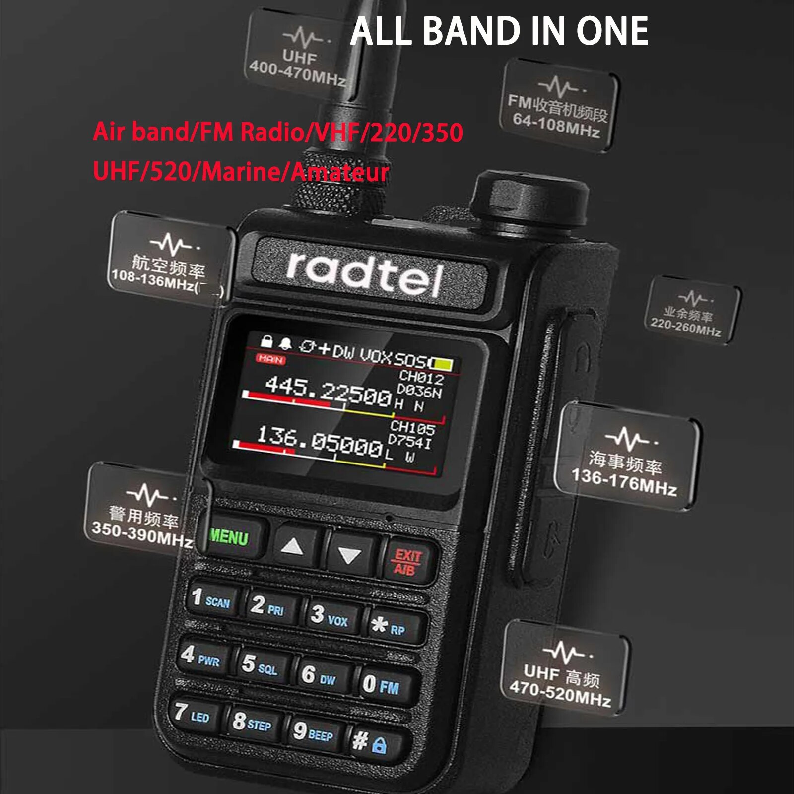 Radtel RT-890 Vollband-Amateurfunk 2-Wege-Radio 999CH Walkie Talkie AM Air Aviation Band Farbscanner Marine NOAA Scan