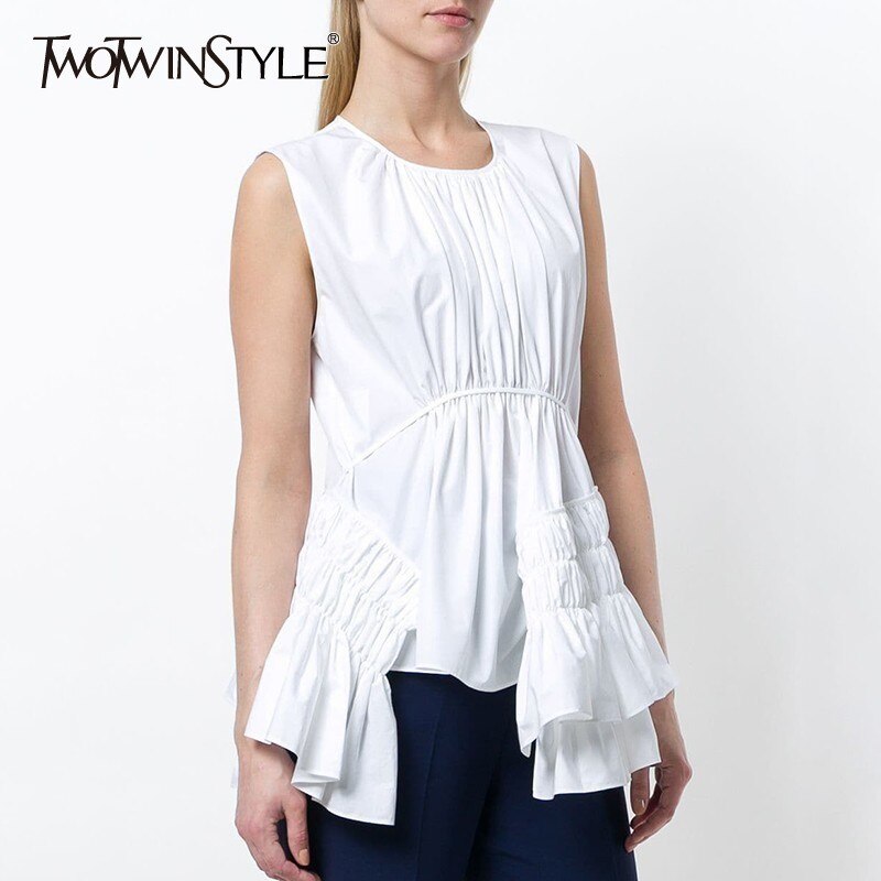 TWOTWINSTYLE sin mangas, informal, de color sólido de las mujeres O cuello Irregular camisa fruncida mujer Verano de de de ropa nueva