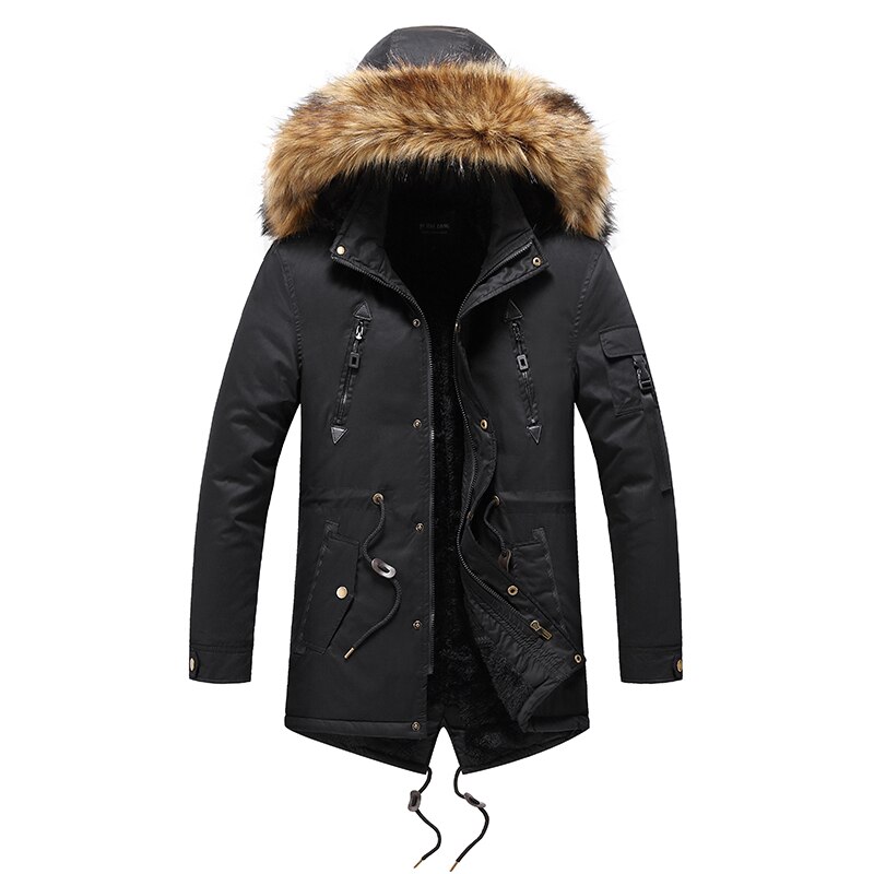 Miesten talvi parkatakki miesten pitkä takki puuvilla lämmin paksu rento parka miesten pitkä karvakaulus fleece tuulenpitävä hupullinen takki: Musta / Xxxl