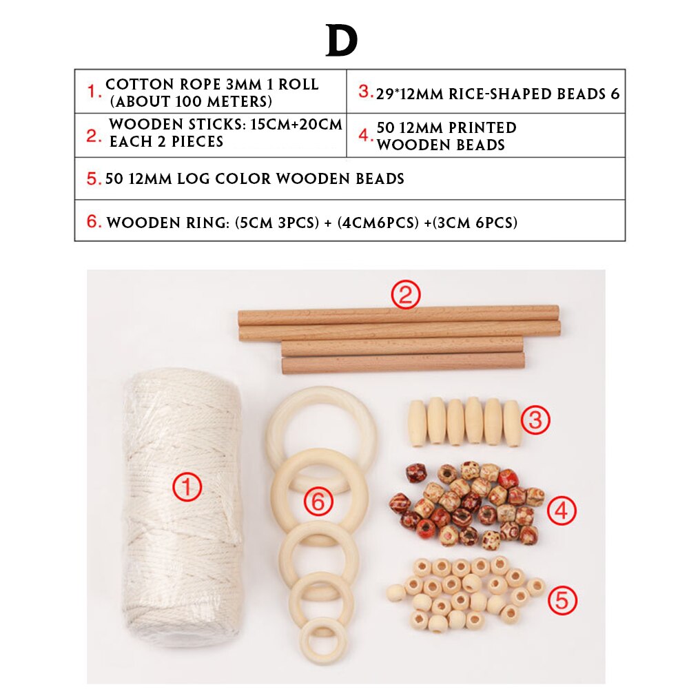 DIY Macrame Cord Natural Cotton Rope Wood Ring Wood Beads Wood Stick Kit Wall Hanging Plant Hanger Ornament: D