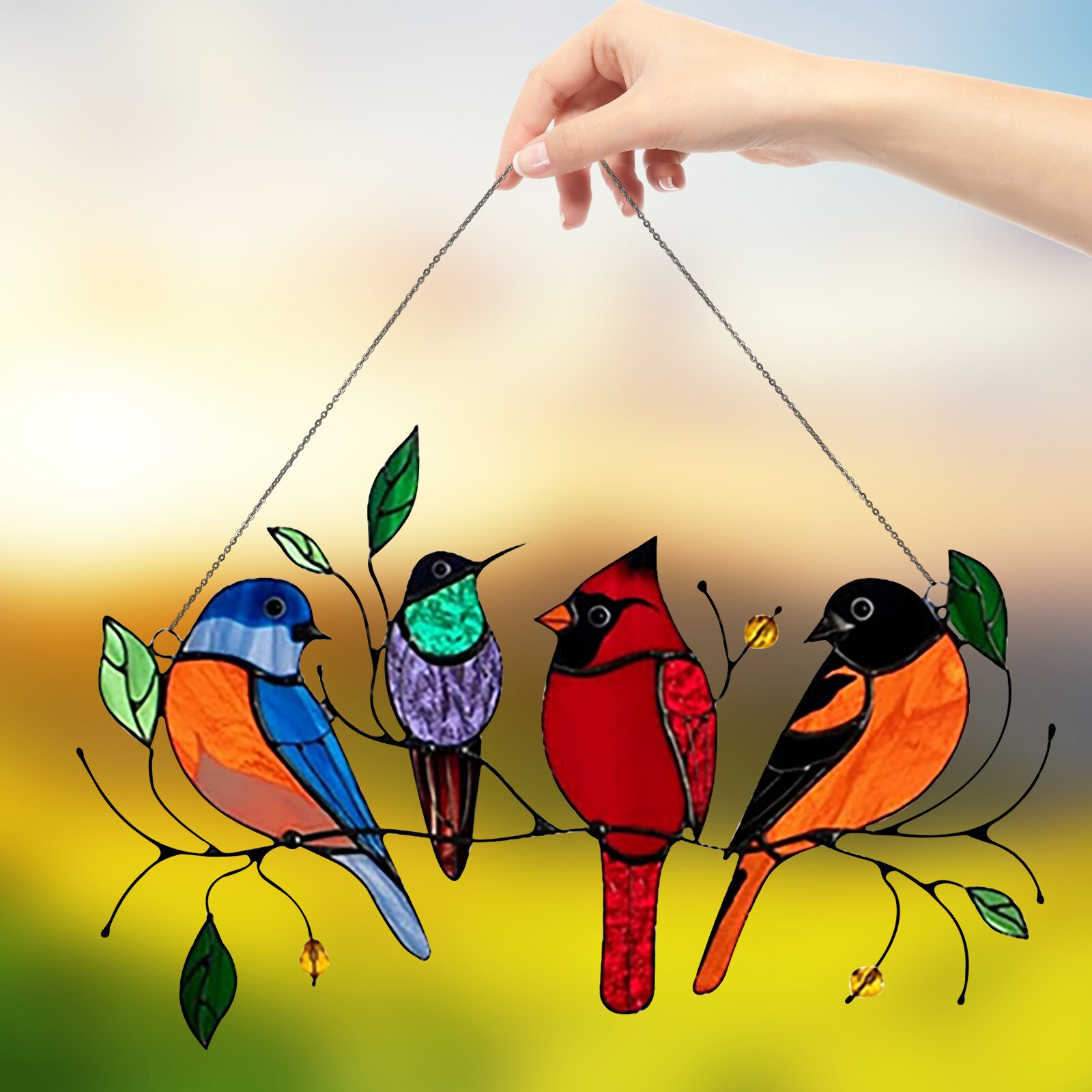 Birds On A Wire High Stained Glass Window Panel Bird Series Ornamen Outdoor Garden Chimes Wind Chime Garden Decoration