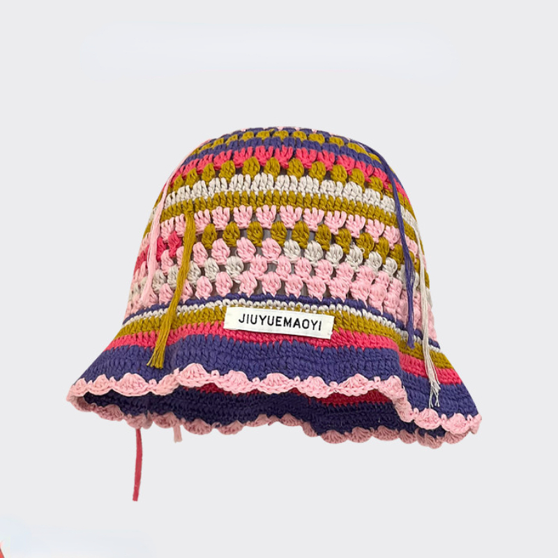 Autumn Crochet Korean Handmade Bucket Hat Women Weaving Knitted Hat Y2k Flowers Autumn Winter Beanies Basin Cap: black