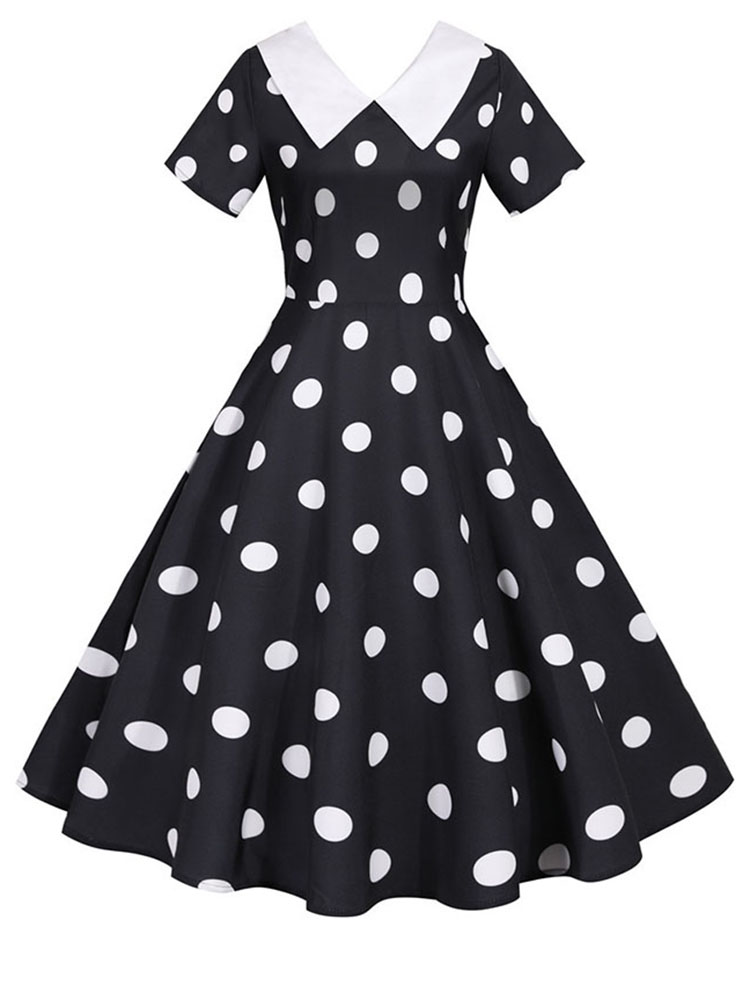Robe d'été Vintage à pois pour femmes, col Peter Pan, ligne a, taille haute, manches courtes, élégante, vêtements rétro: S / Black