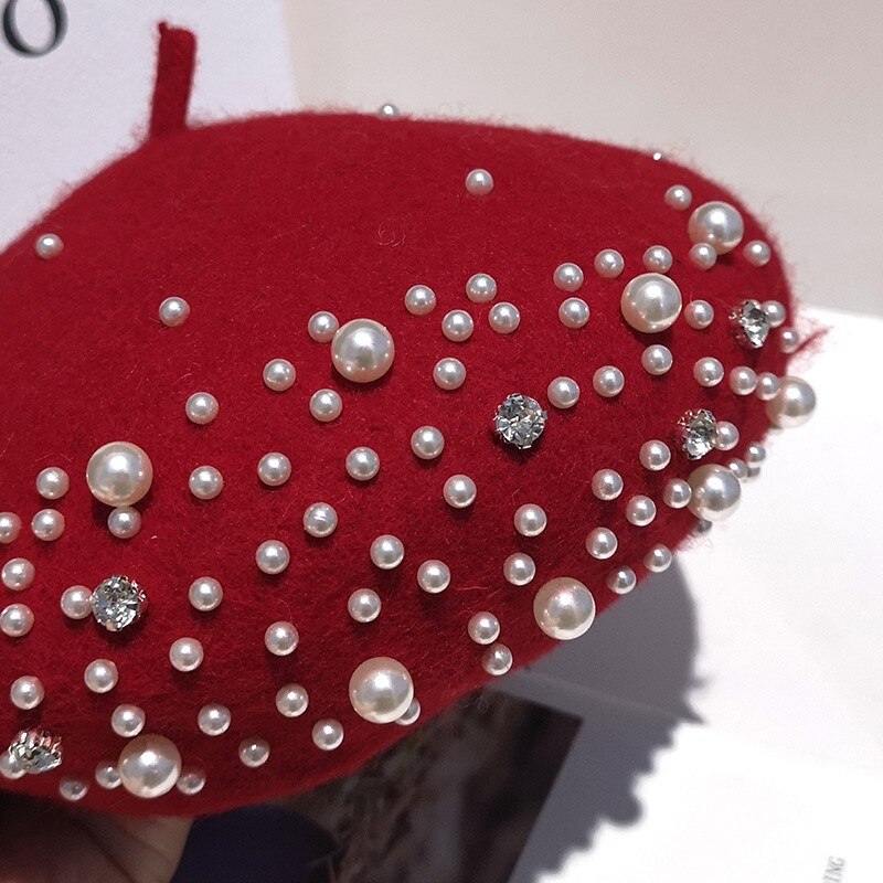 neue Winter warm Französisch Perle Strass Baskenmütze Hütte Elegante Mütze Kappen Einfarbig lässig Herbst Hütte für Frauen mädchen