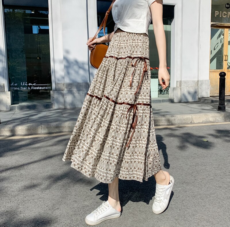 Faldas de estilo Retro para mujer, étnico, cintura alta elástica, Tencel, algodón, lino estampado, para vacaciones en la playa, verano,: Caqui